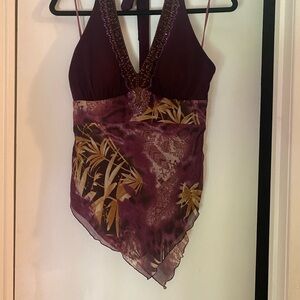 Cache Burgundy and Gold Halter Top